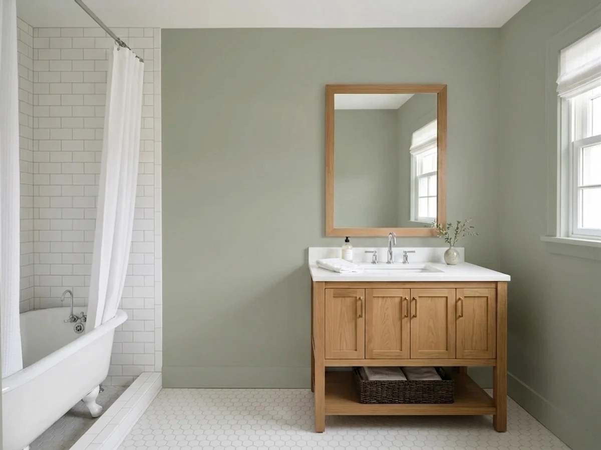 Sherwin-Williams Evergreen Fog in a bathroom