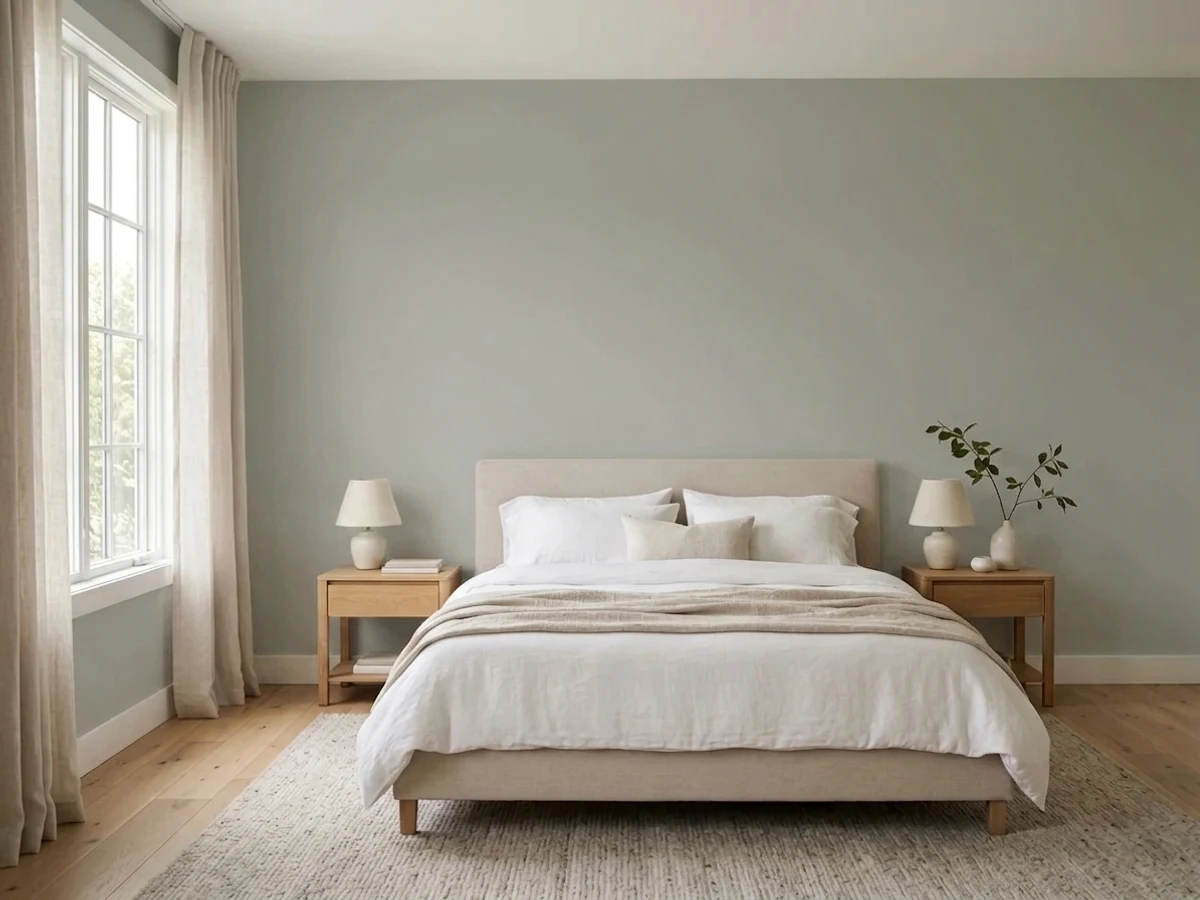 Bedroom painted in Farrow & Ball Pigeon