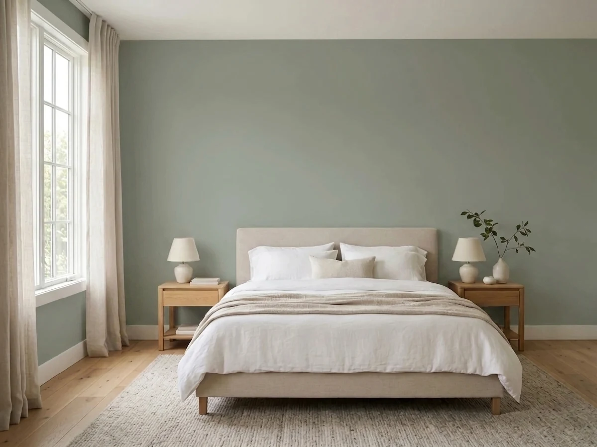 Sherwin-Williams Evergreen Fog in a bedroom