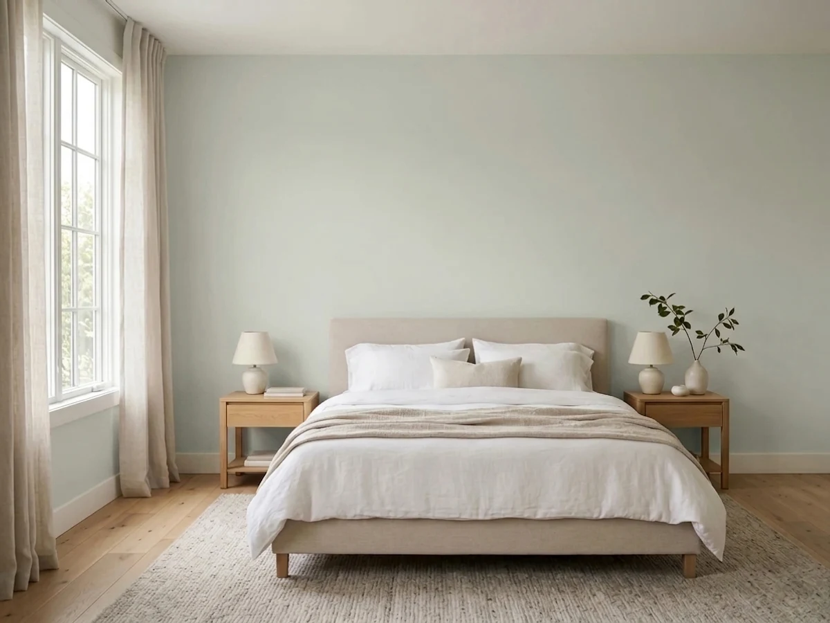 Bedroom painted in Sherwin-Williams Sea Salt