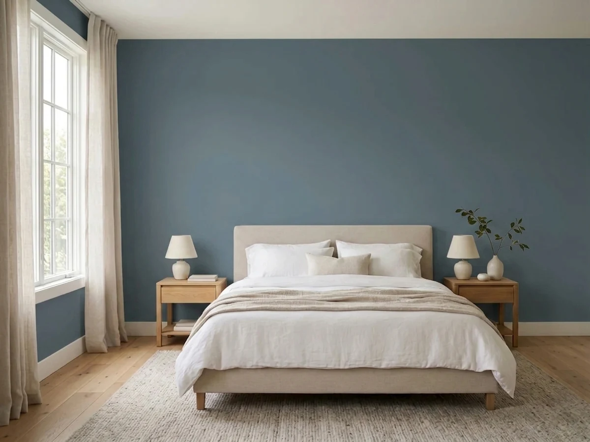 Sherwin-Williams Smoky Blue in a bedroom