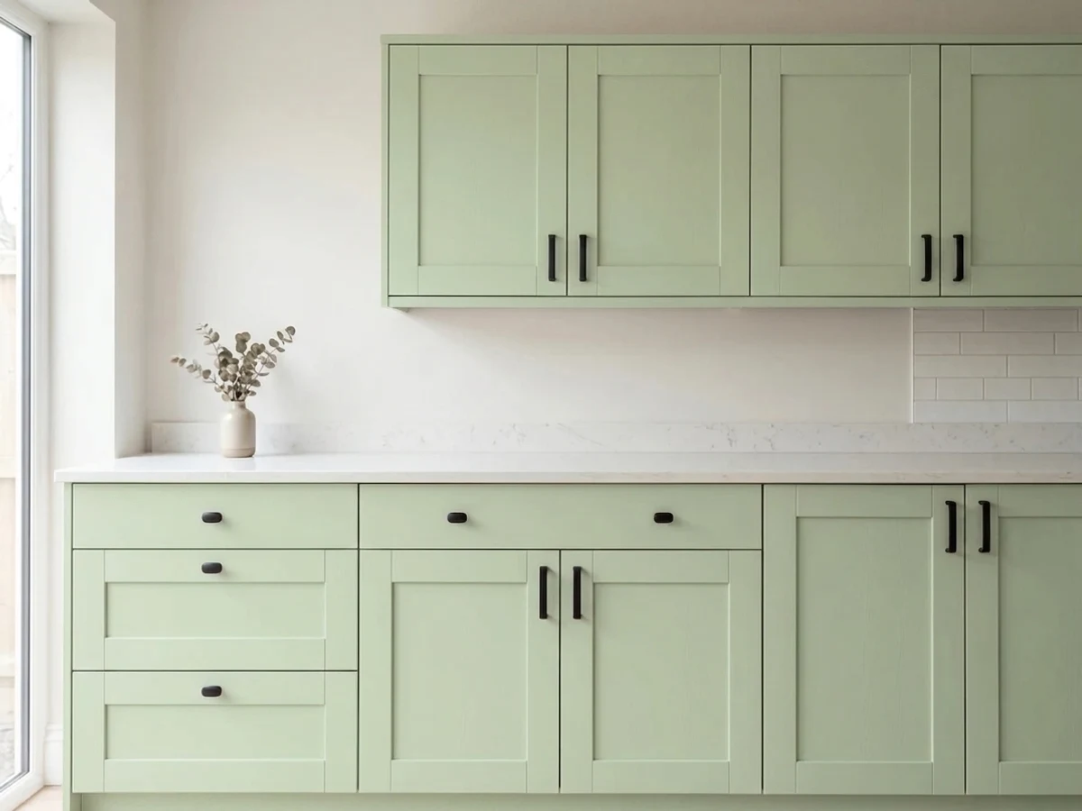 Behr Morning Zen in a cabinet