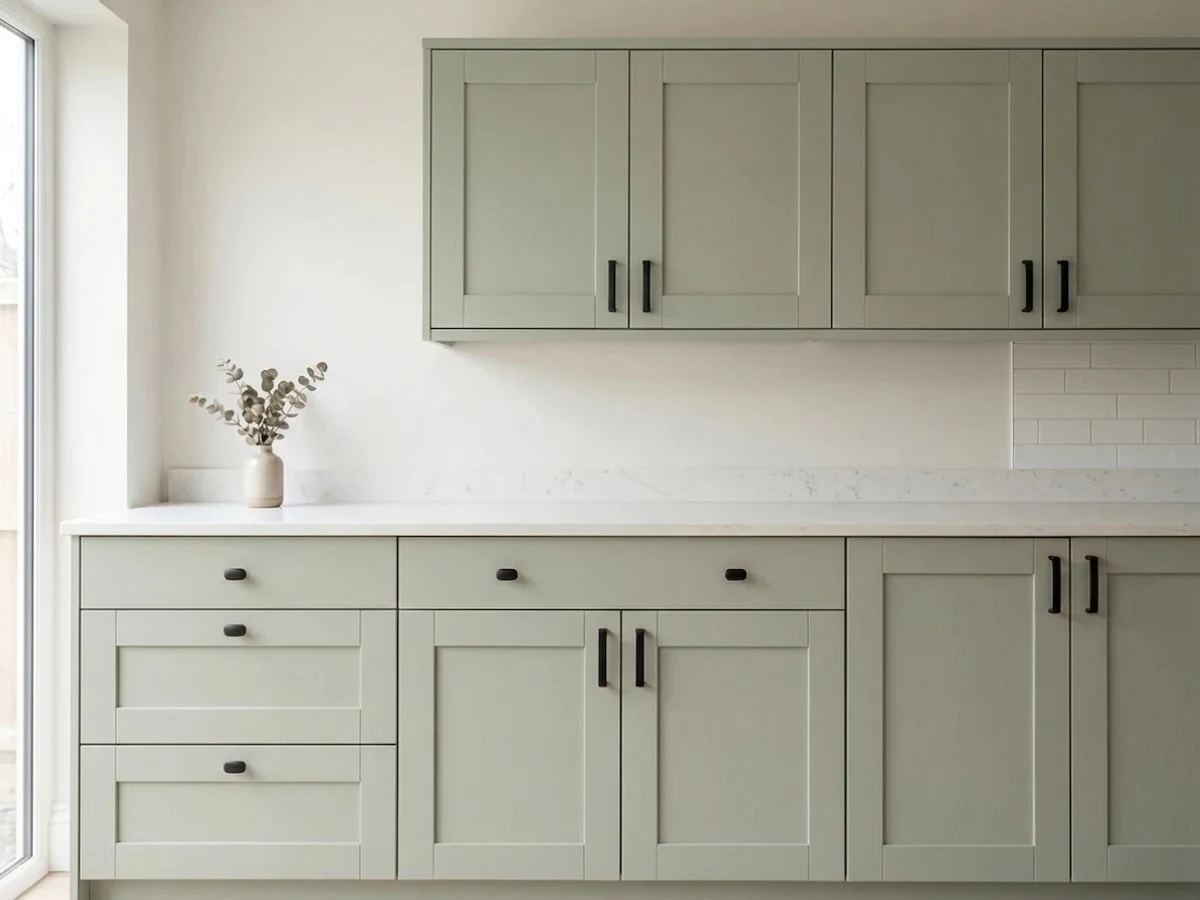 Benjamin Moore October Mist in a cabinet