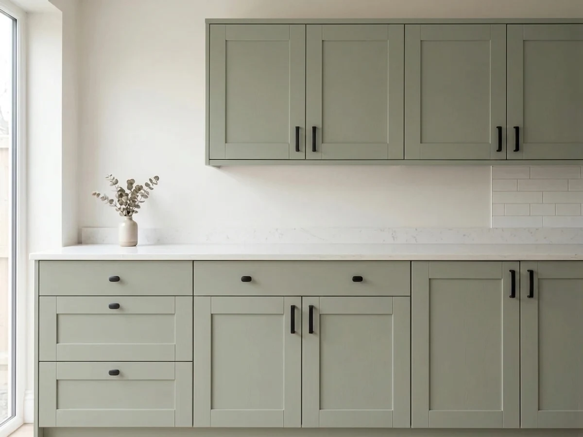 Sherwin-Williams Evergreen Fog in a cabinet