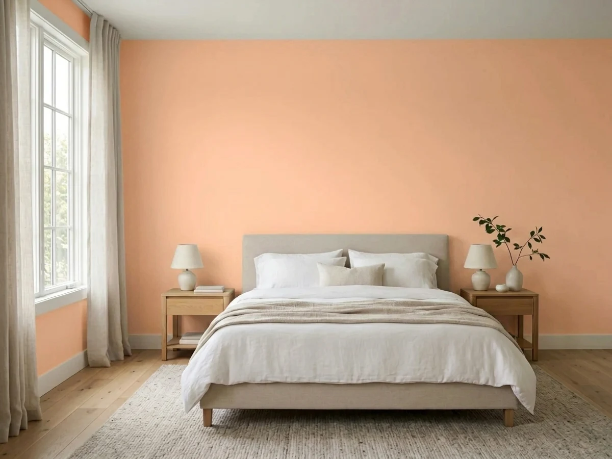 Sherwin-Williams Peach Fuzz in a calming bedroom