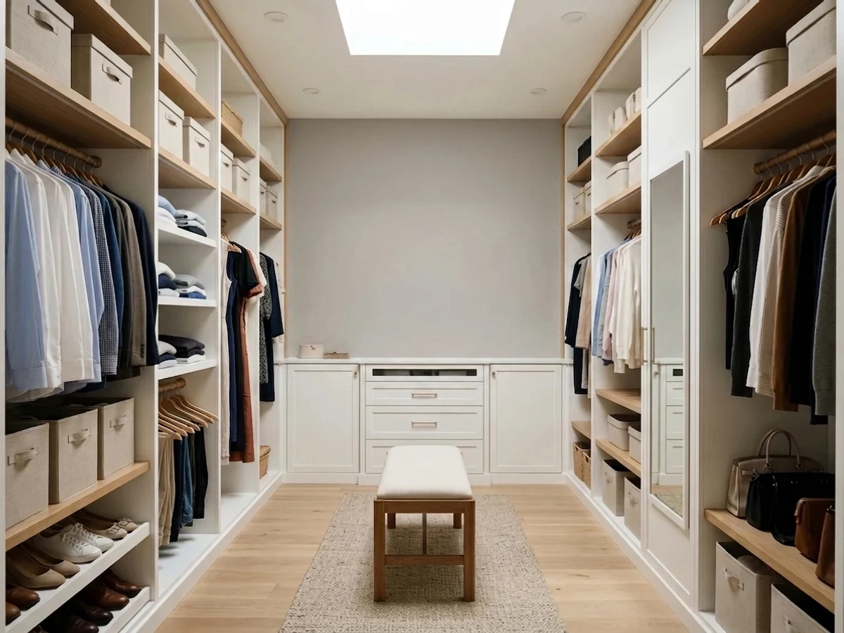 mid-tone warm gray built-ins — trending neutral closet colors 2026