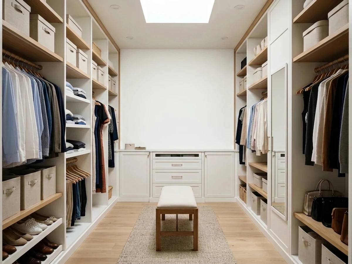 warm white with wood shelving — trending white closet colors 2026