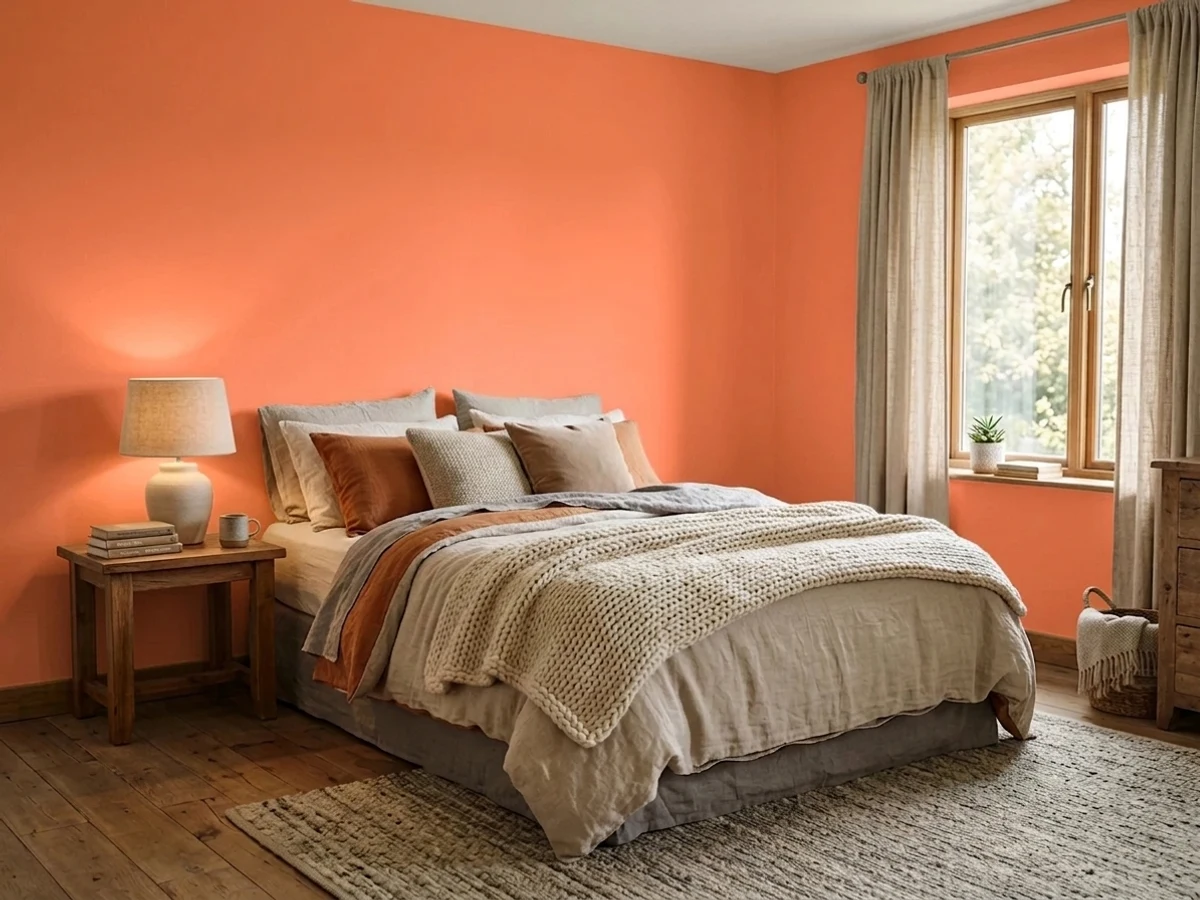 Dunn-Edwards OK Coral in a cozy bedroom