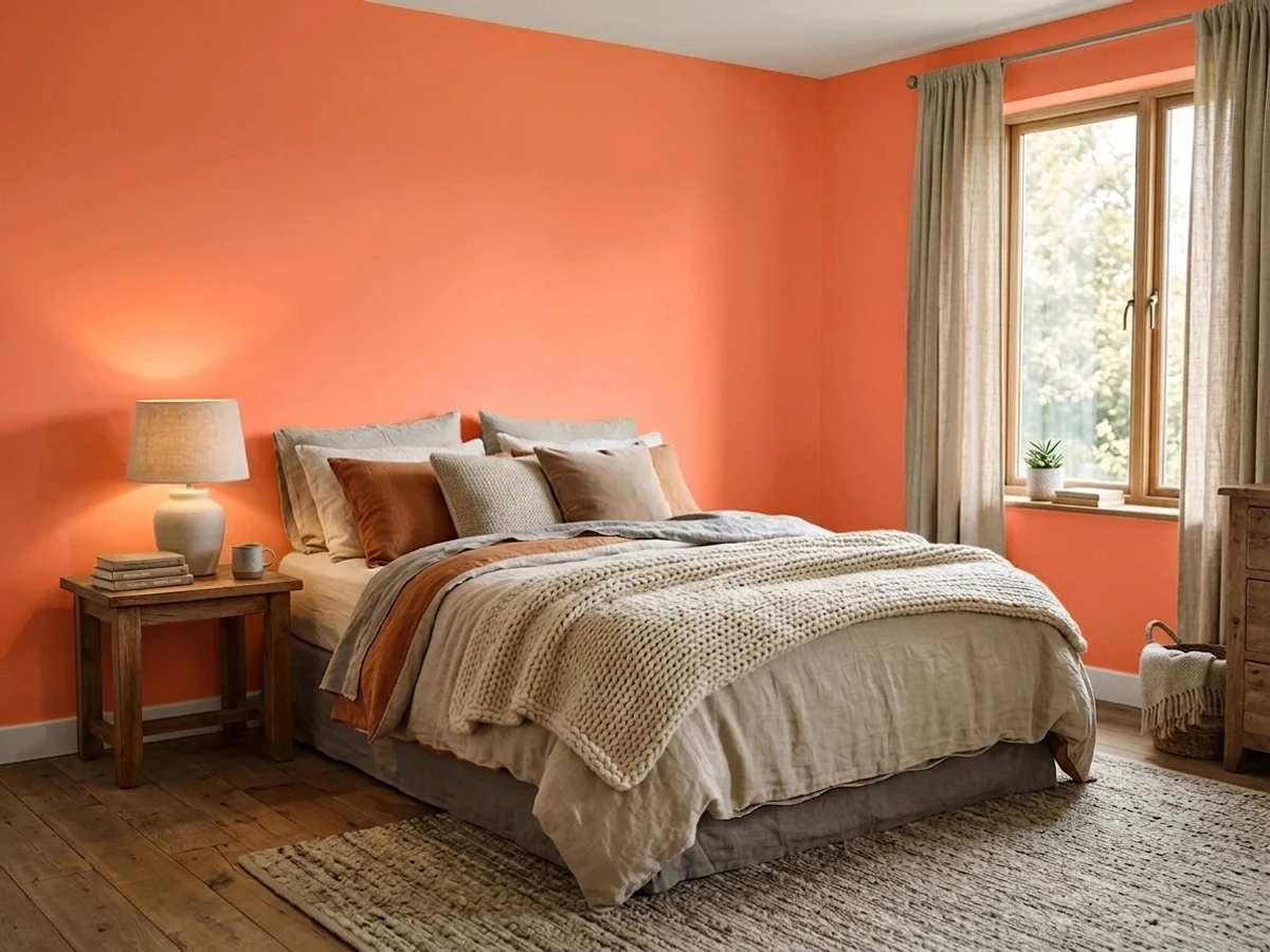 Sherwin-Williams Jazz Age Coral in a cozy bedroom
