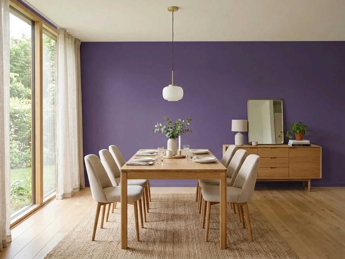plum and wood pairings — trending purple dining room colors 2026