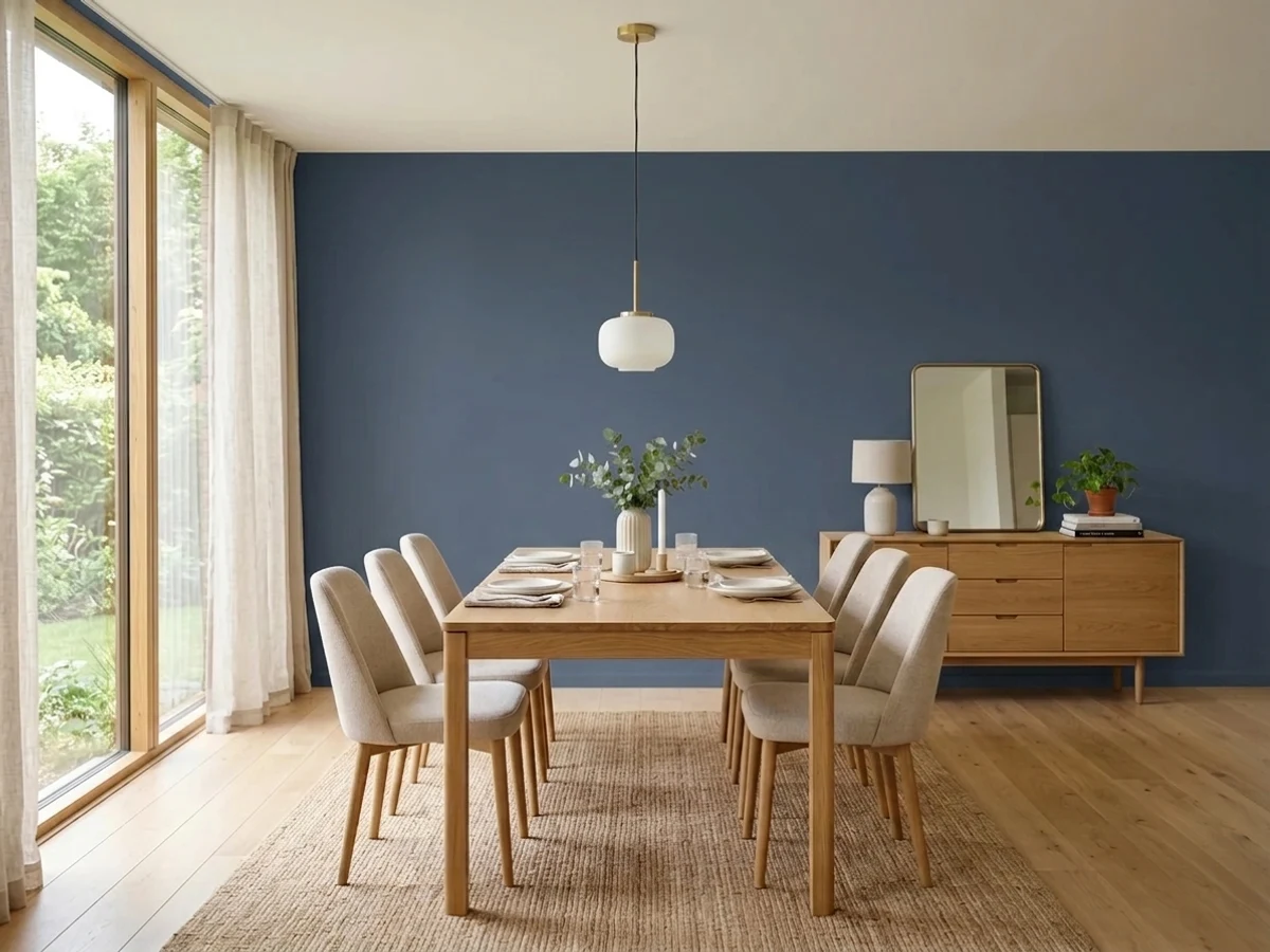 navy ceilings with brass light fixtures — trending blue dining room colors 2026