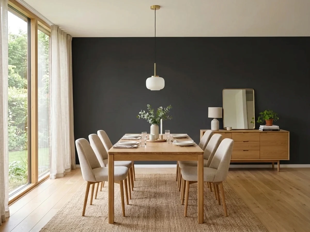 black paired with warm wood — trending black dining room colors 2026