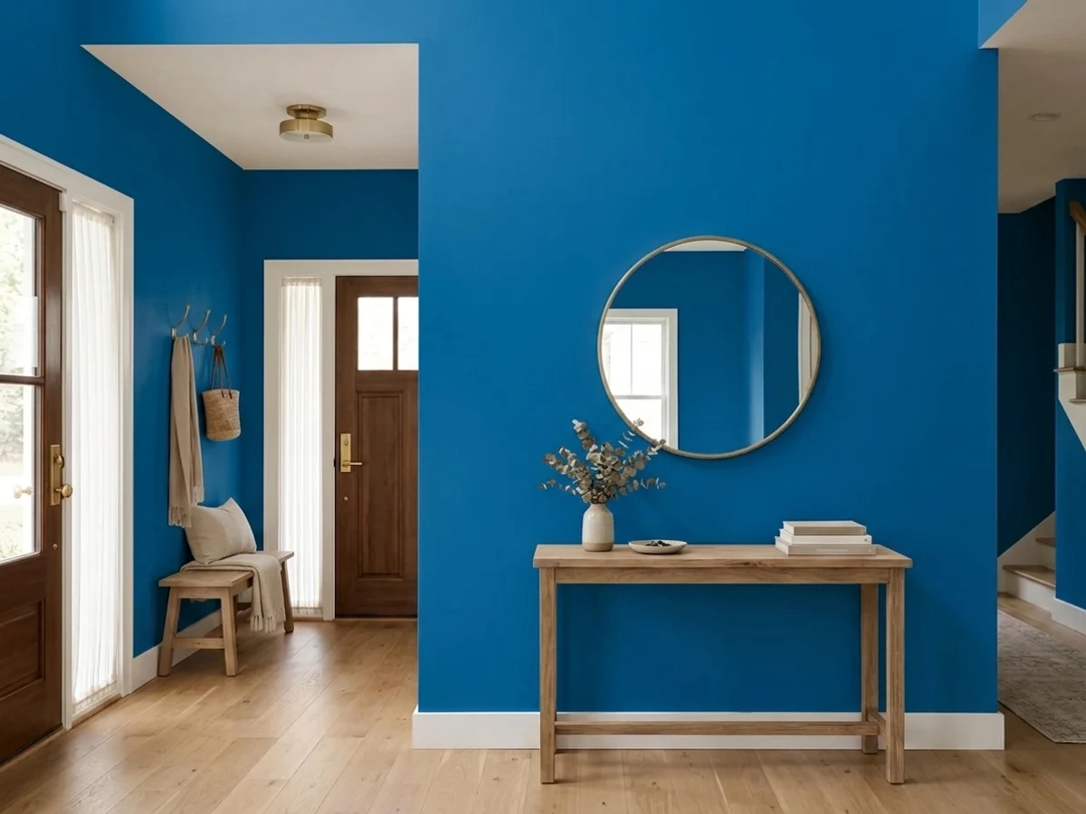 color-drenched walls and trim — trending blue entryway colors 2026
