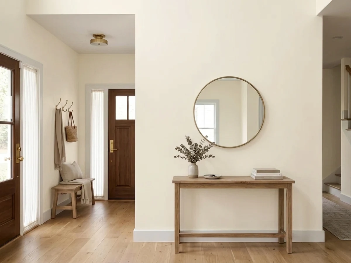 creamy warm white millwork — trending neutral entryway colors 2026