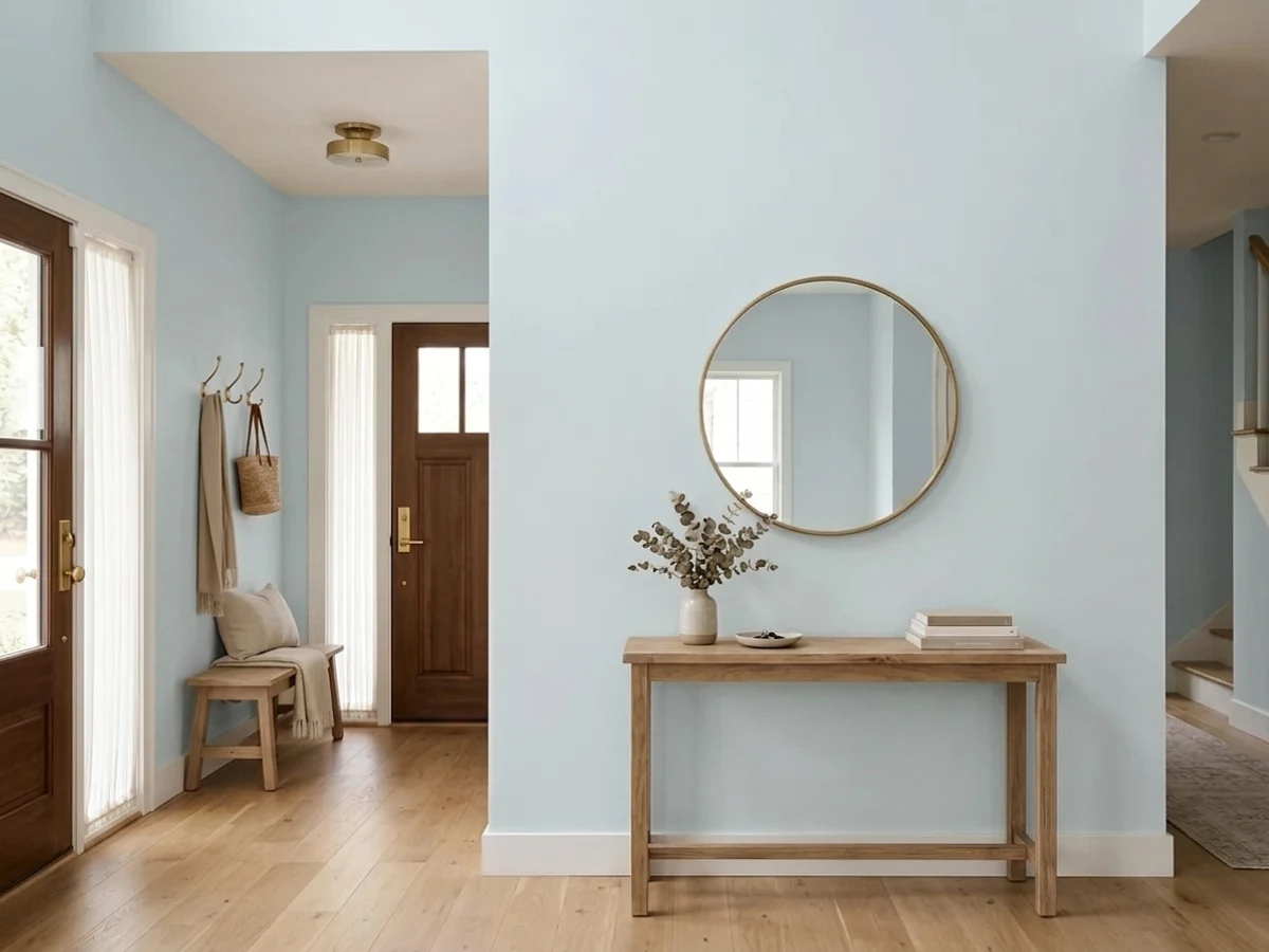 soft blue-gray with warm wood floors — trending gray entryway colors 2026
