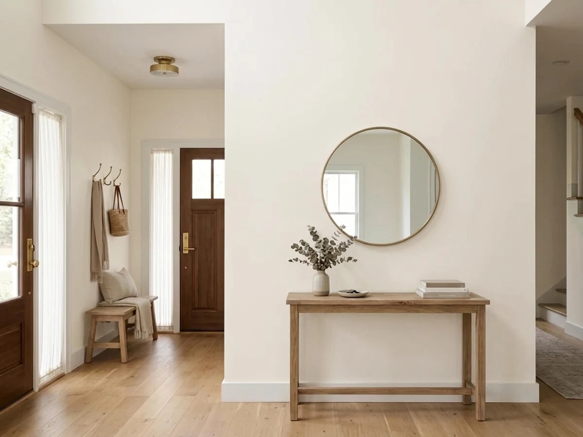creamy white trim and wall unity — trending white entryway colors 2026