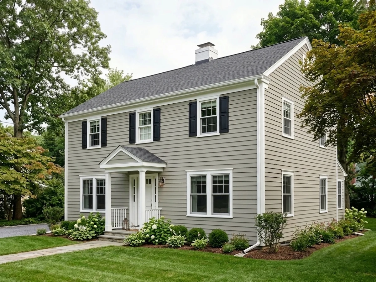 greige-leaning body color — trending gray exterior house colors 2026