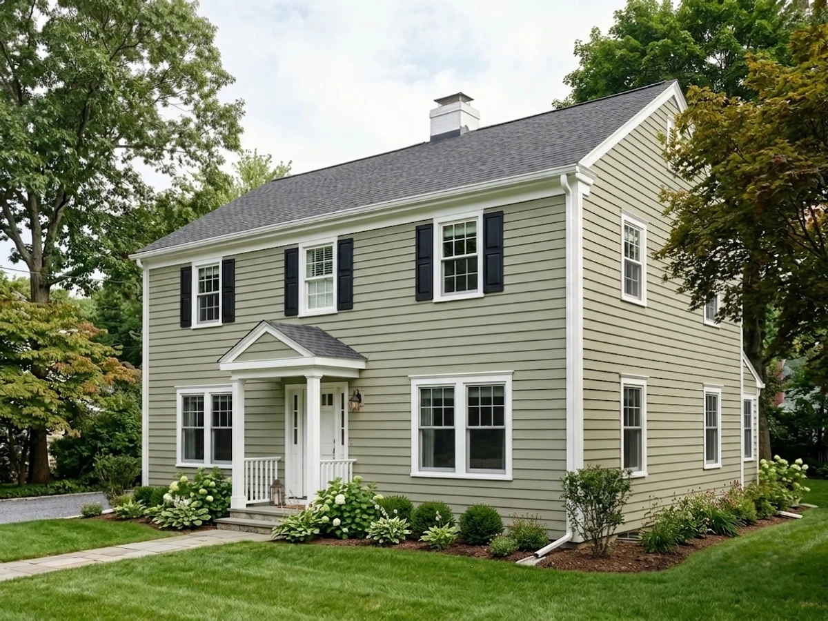 muted olive-sage siding — trending green exterior house colors 2026