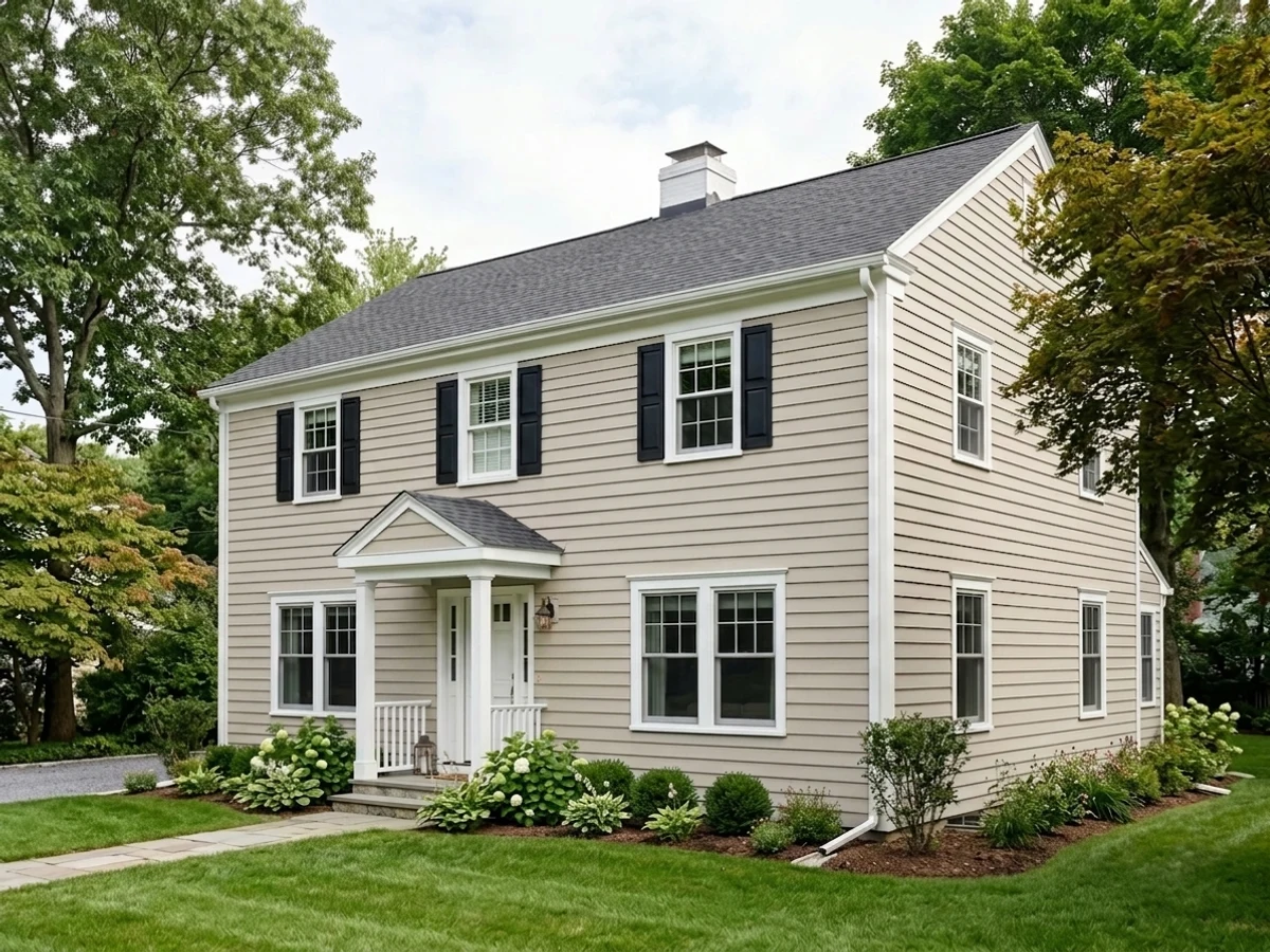 warm taupe siding — trending neutral exterior house colors 2026