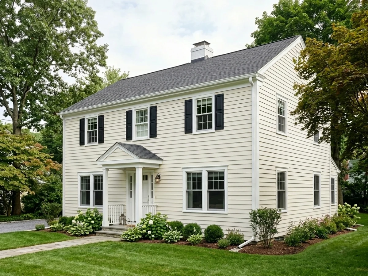 warm off-white siding — trending white exterior house colors 2026