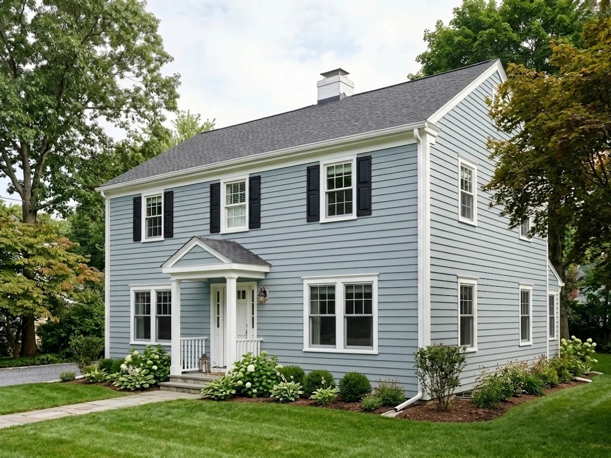 muted slate-blue siding — trending blue exterior house colors 2026