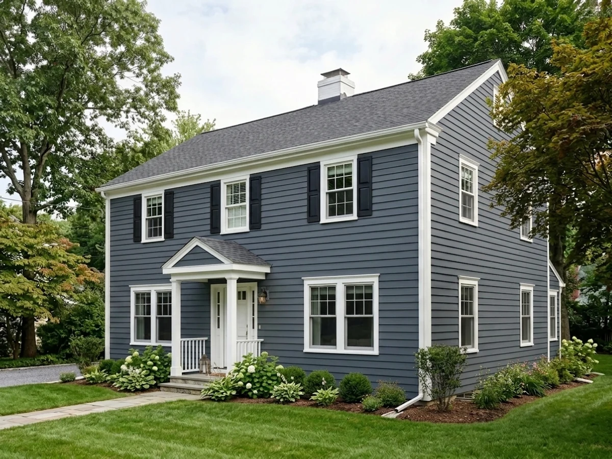 warm charcoal-blue trim — trending blue exterior house colors 2026