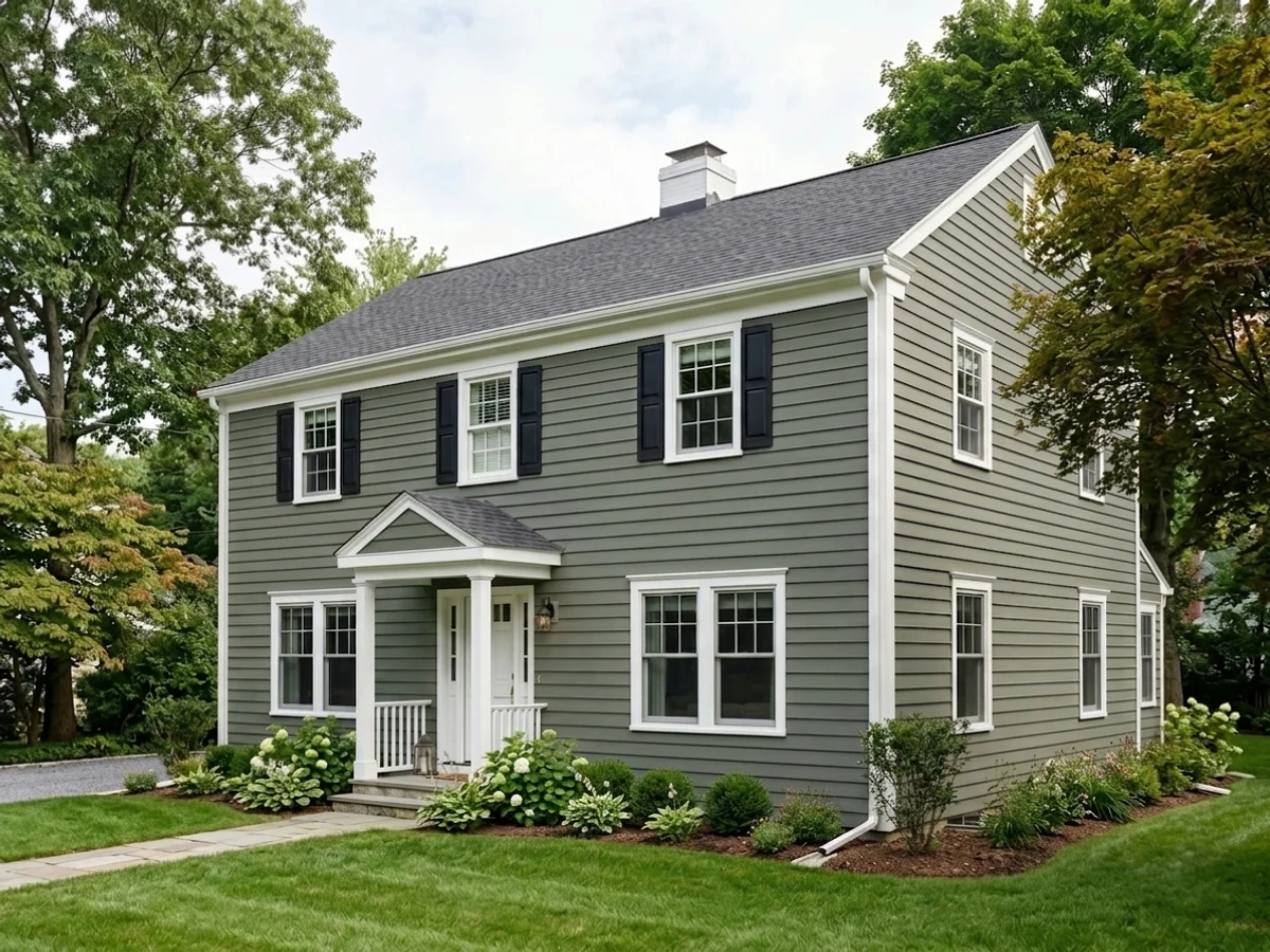 deep green-gray trim — trending gray exterior house colors 2026