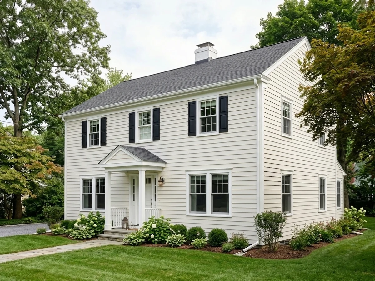 crisp warm white with black hardware — trending white exterior house colors 2026