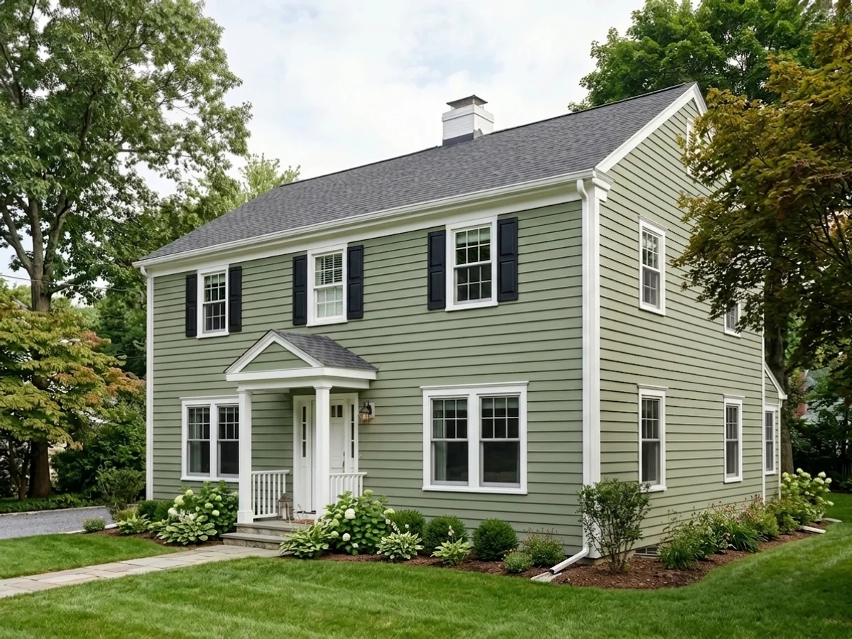 warm sage trim and shutters — trending green exterior house colors 2026