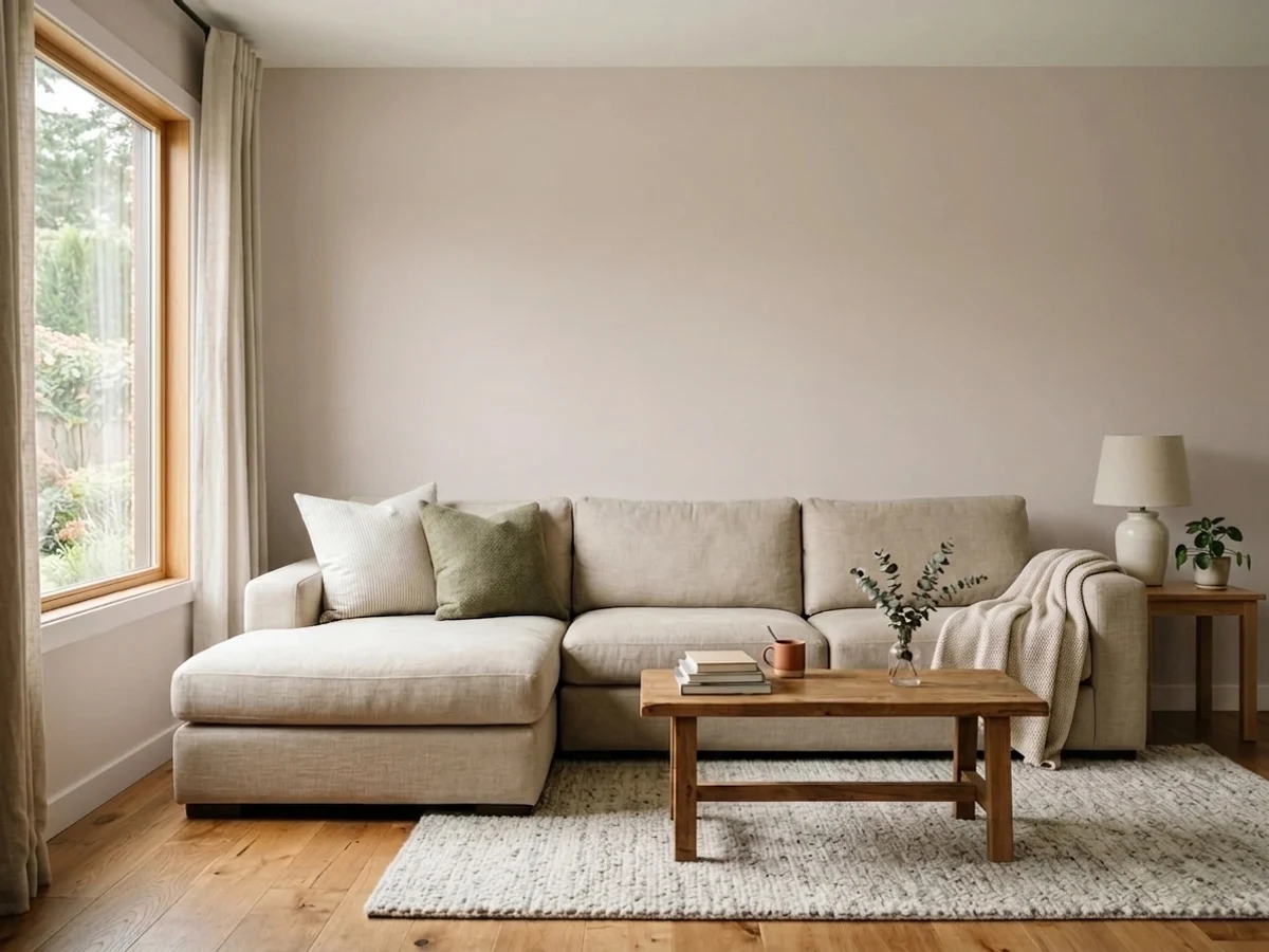 warm greige-white walls — trending white family room colors 2026