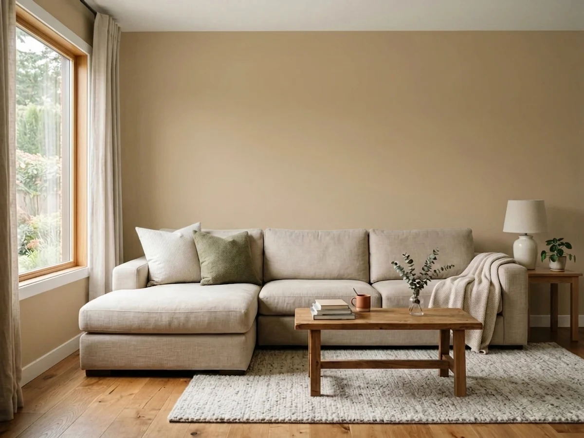 warm tan with wood tones — trending neutral family room colors 2026