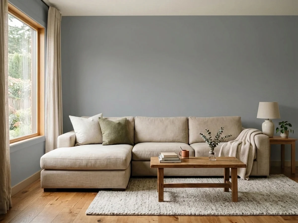 warm taupe-gray walls — trending gray family room colors 2026