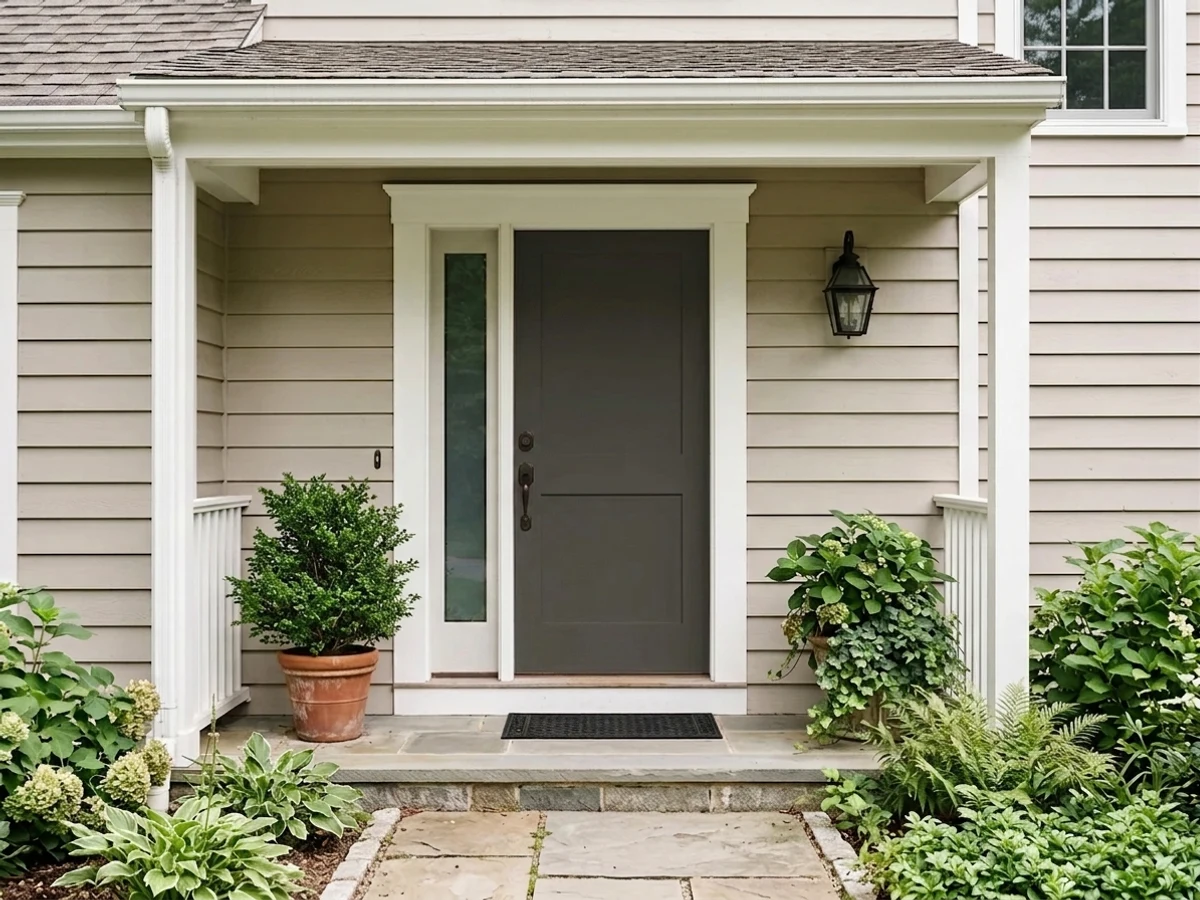 warm near-black front door — trending black front door colors 2026