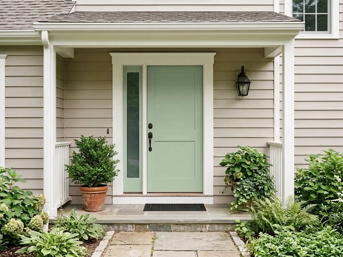warm sage-green entry door — trending green front door colors 2026