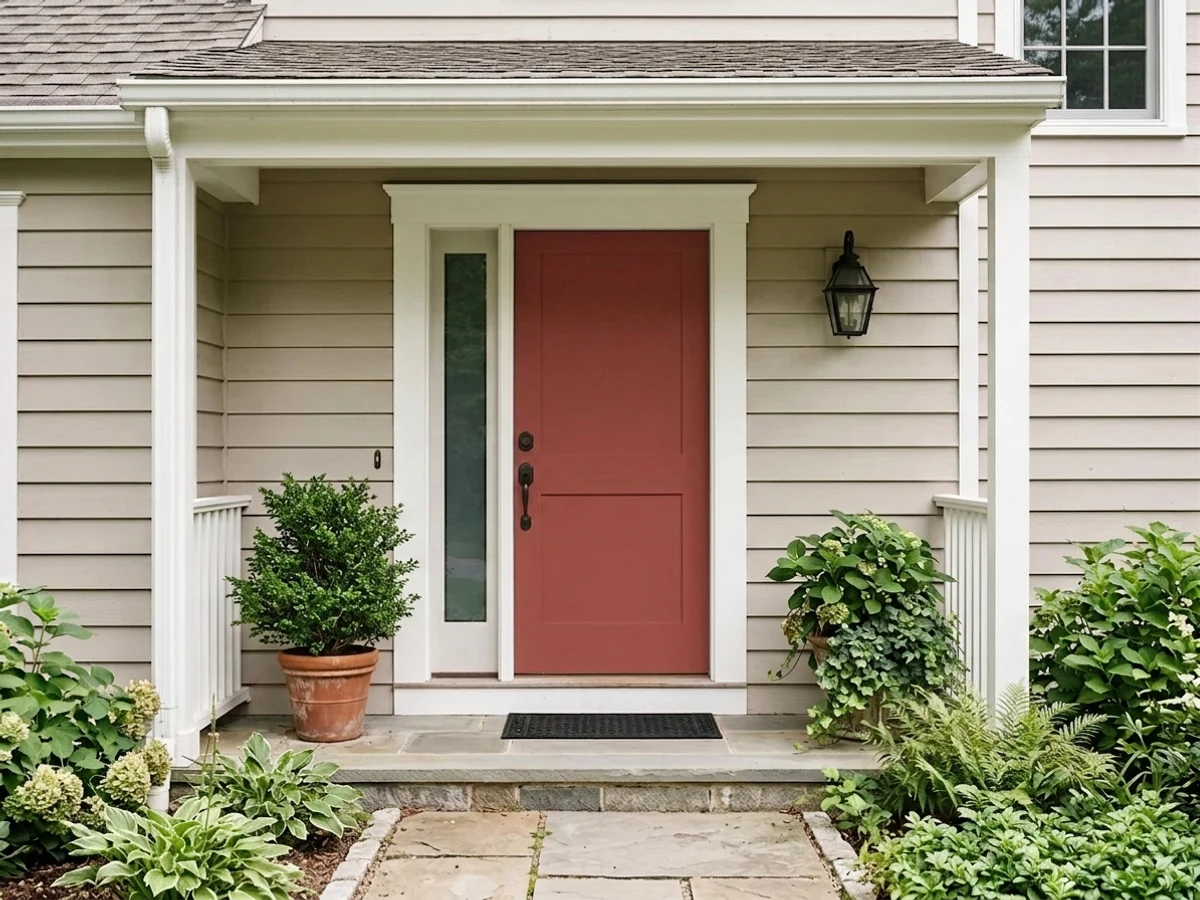 warm brick red doors — trending red front door colors 2026
