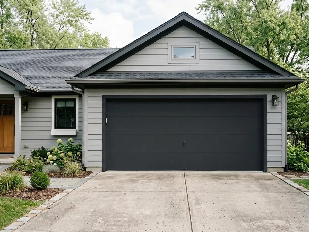 black garage door, warm siding — trending black garage door colors 2026