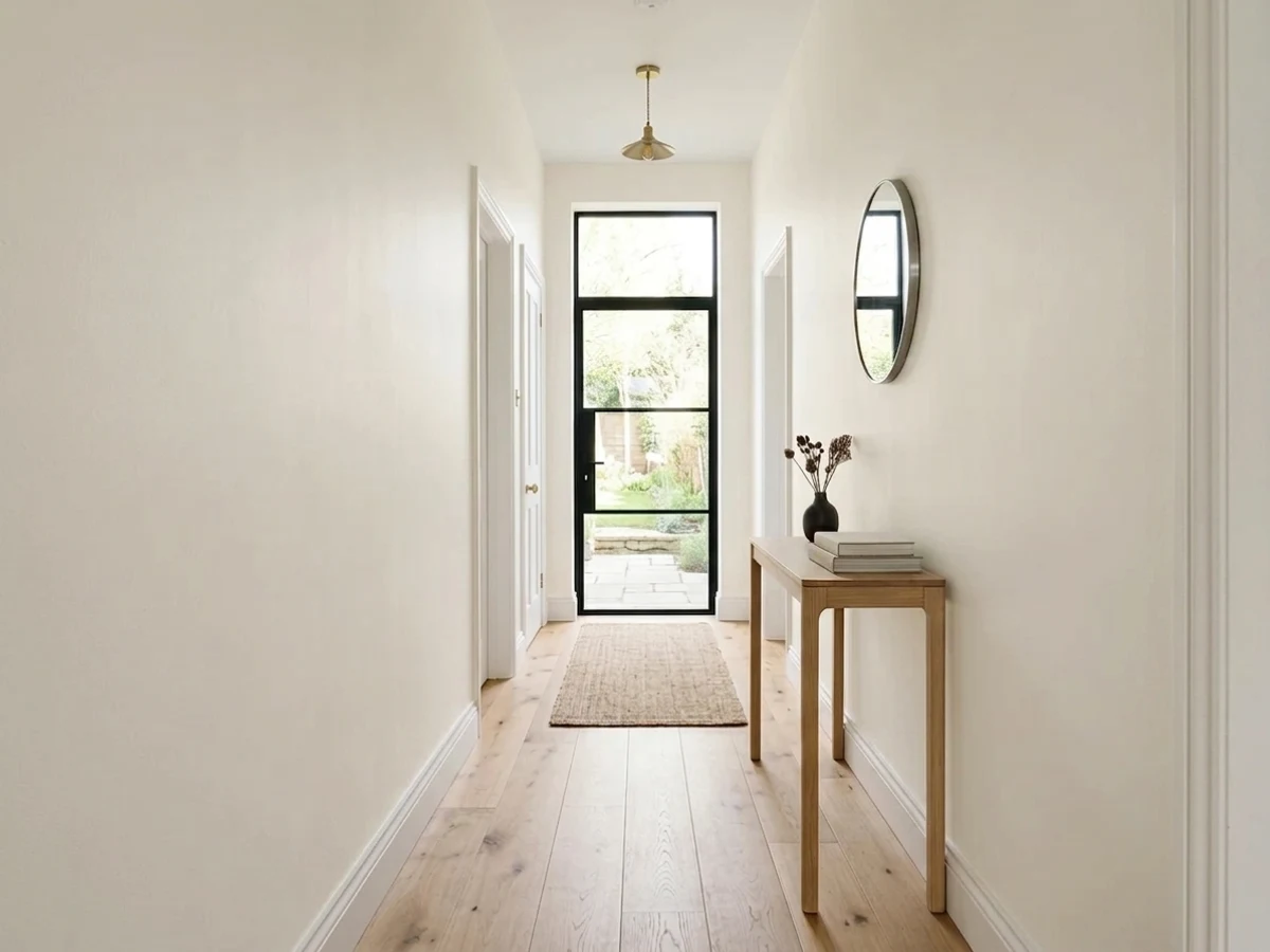 warm off-white hallways — trending white hallway colors 2026