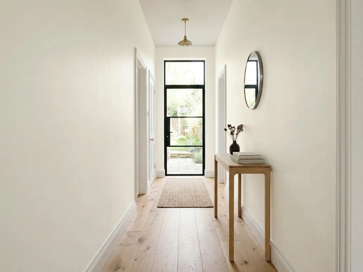 bright clean white for small hallways — trending white hallway colors 2026
