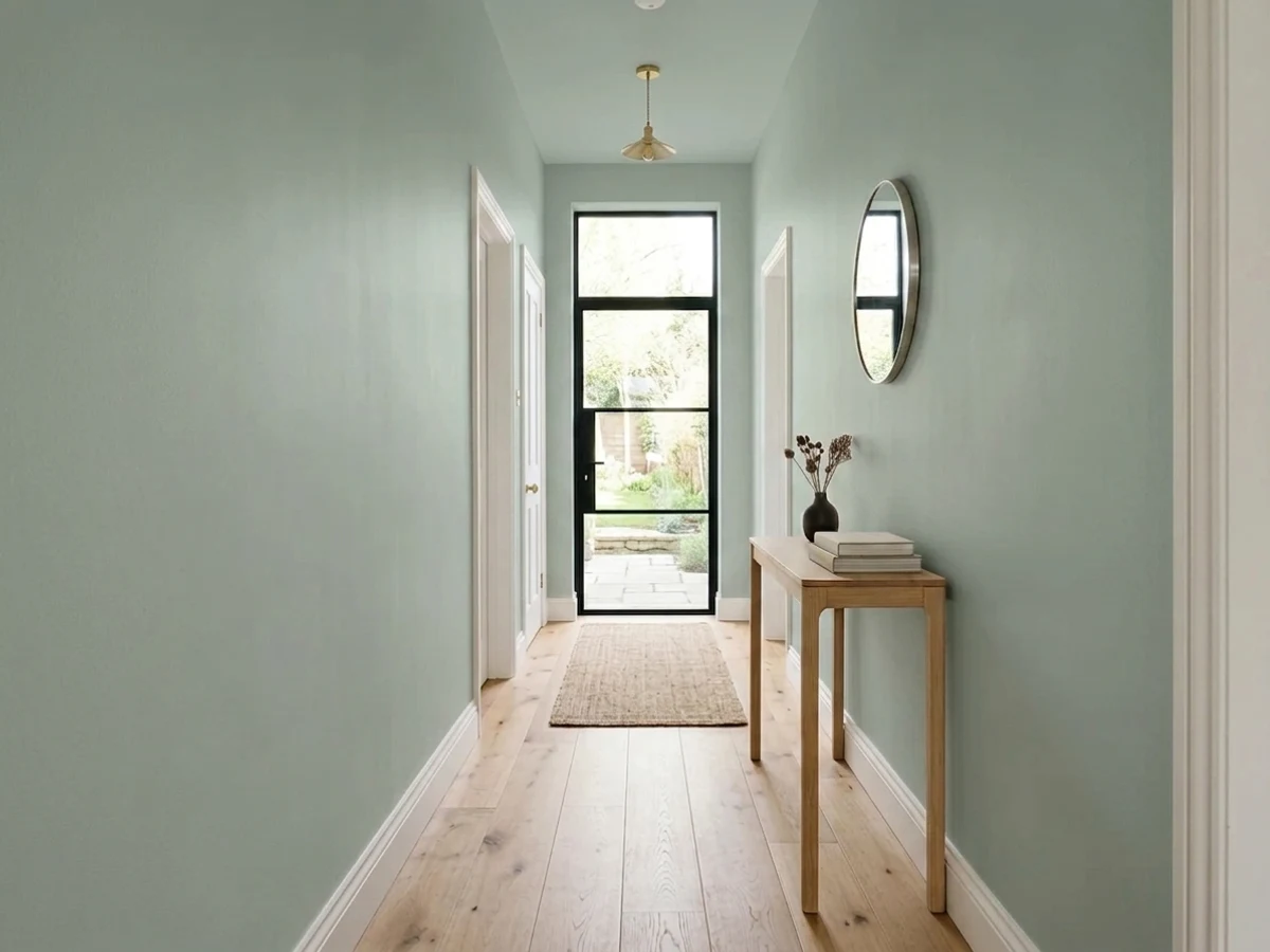 soft blue-gray with warm trim — trending gray hallway colors 2026