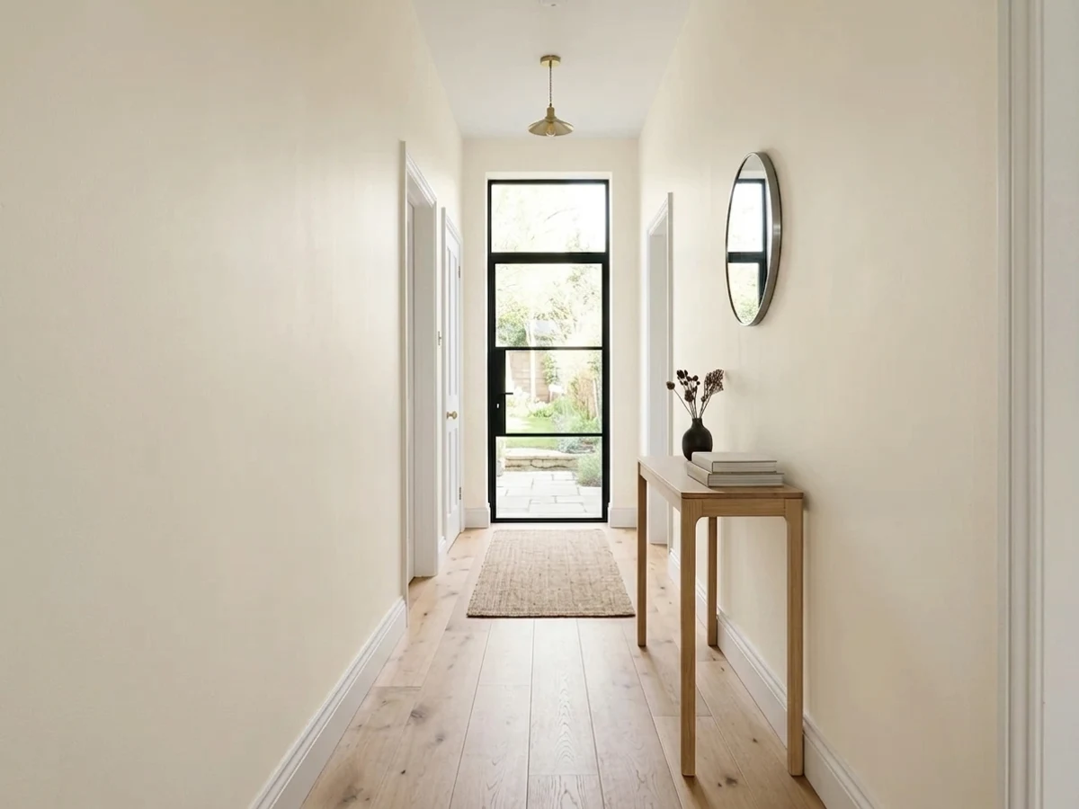 Sherwin-Williams Origami White in a hallway