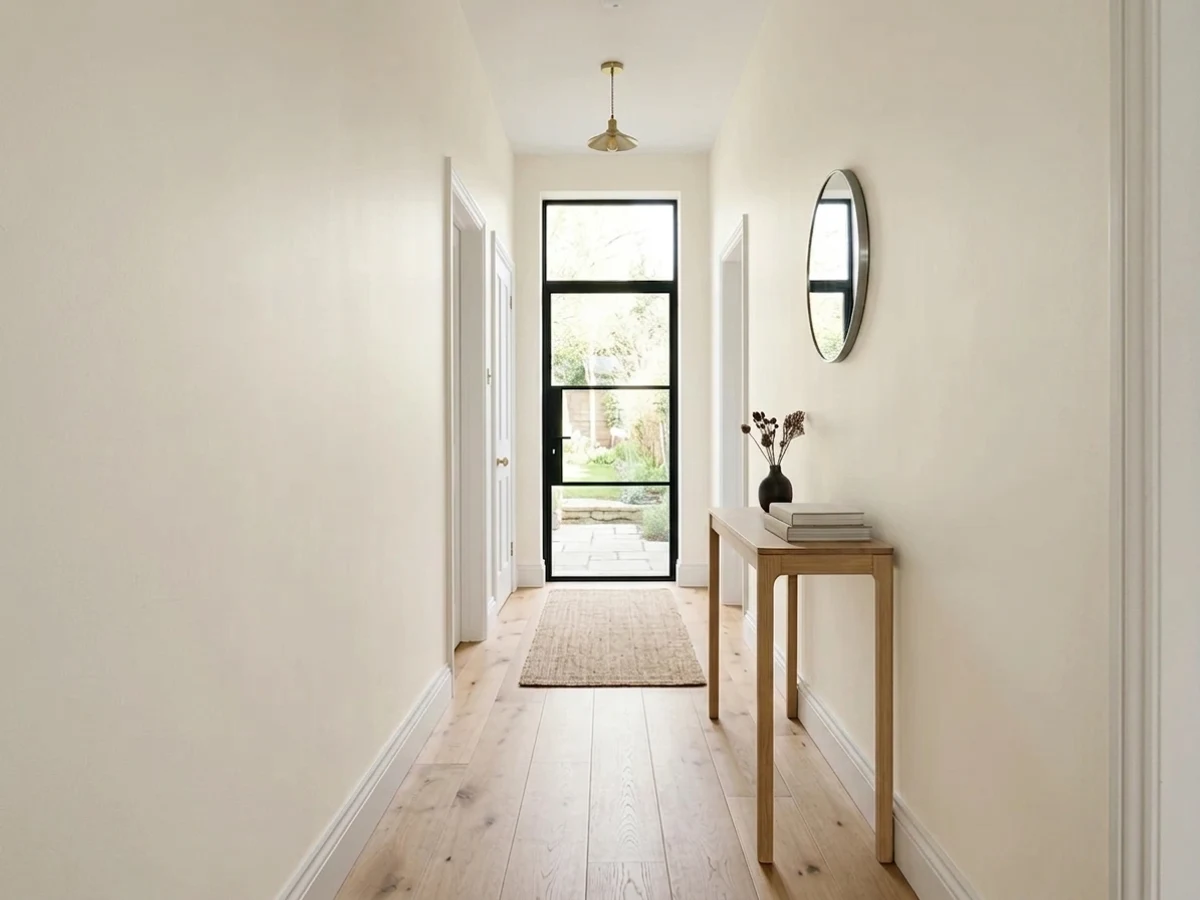 creamy white trim and walls — trending white hallway colors 2026