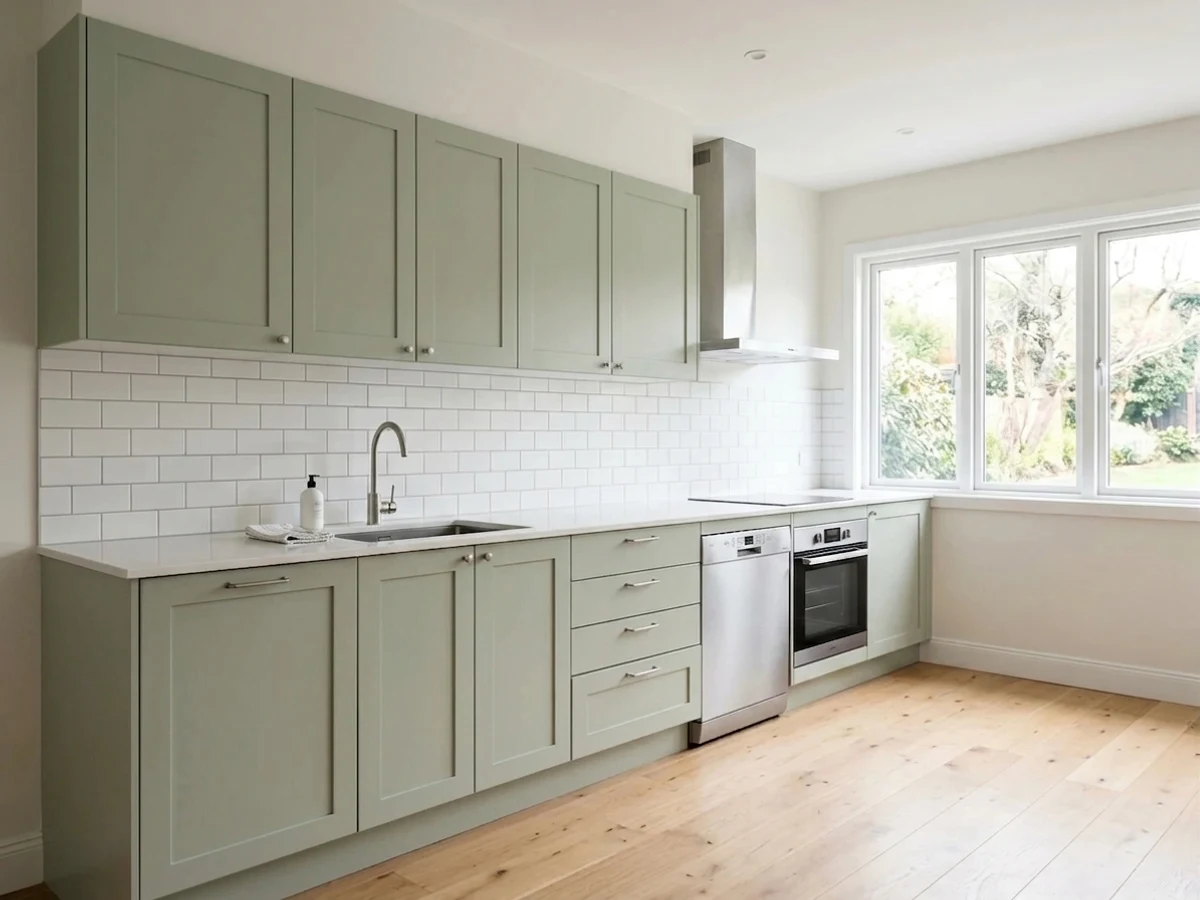Benjamin Moore October Mist in a kitchen