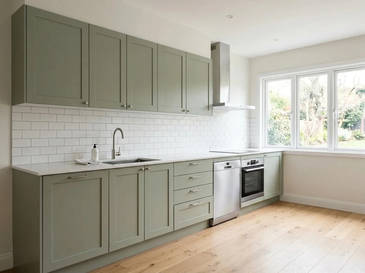 Sherwin-Williams Evergreen Fog in a kitchen