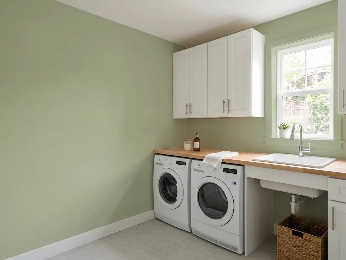 earthy deep green cabinets — trending green laundry room colors 2026