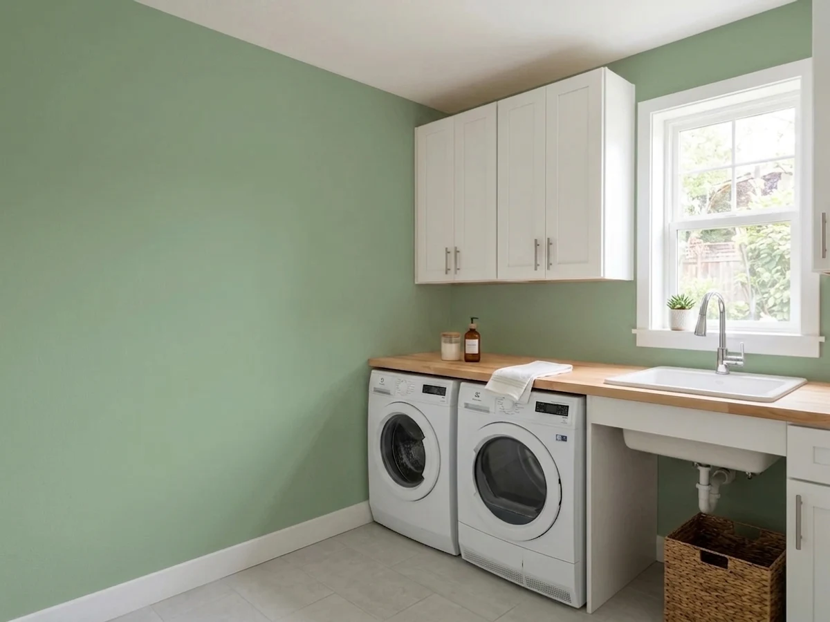 Behr Eucalyptus Wreath in a laundry room