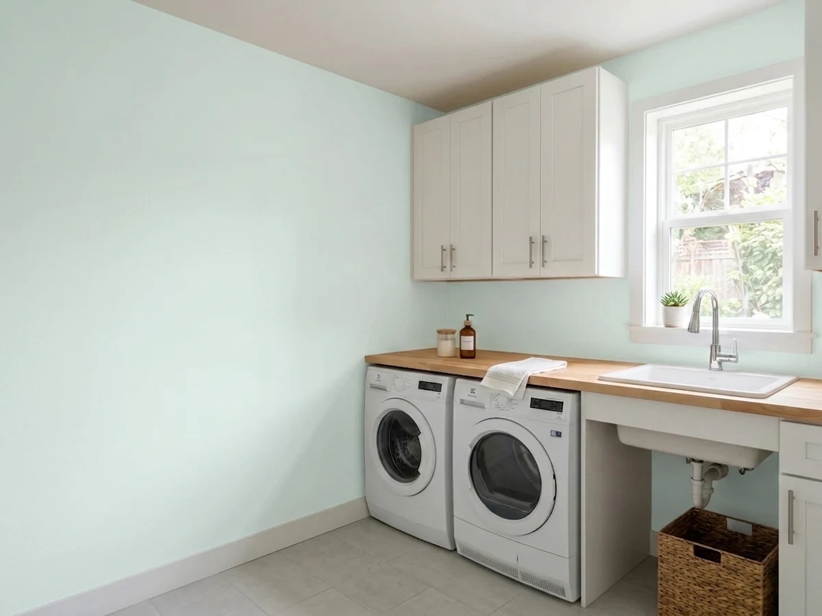 crisp white trim pop — trending white laundry room colors 2026