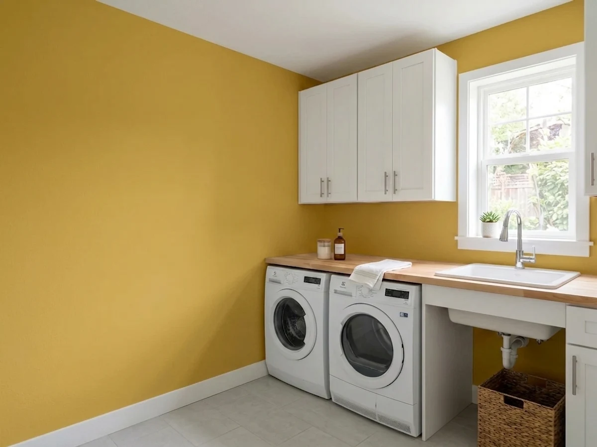 Behr Gold Ink in a laundry room