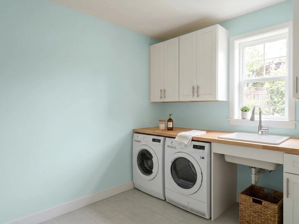 whisper-pale teal trim — trending teal laundry room colors 2026