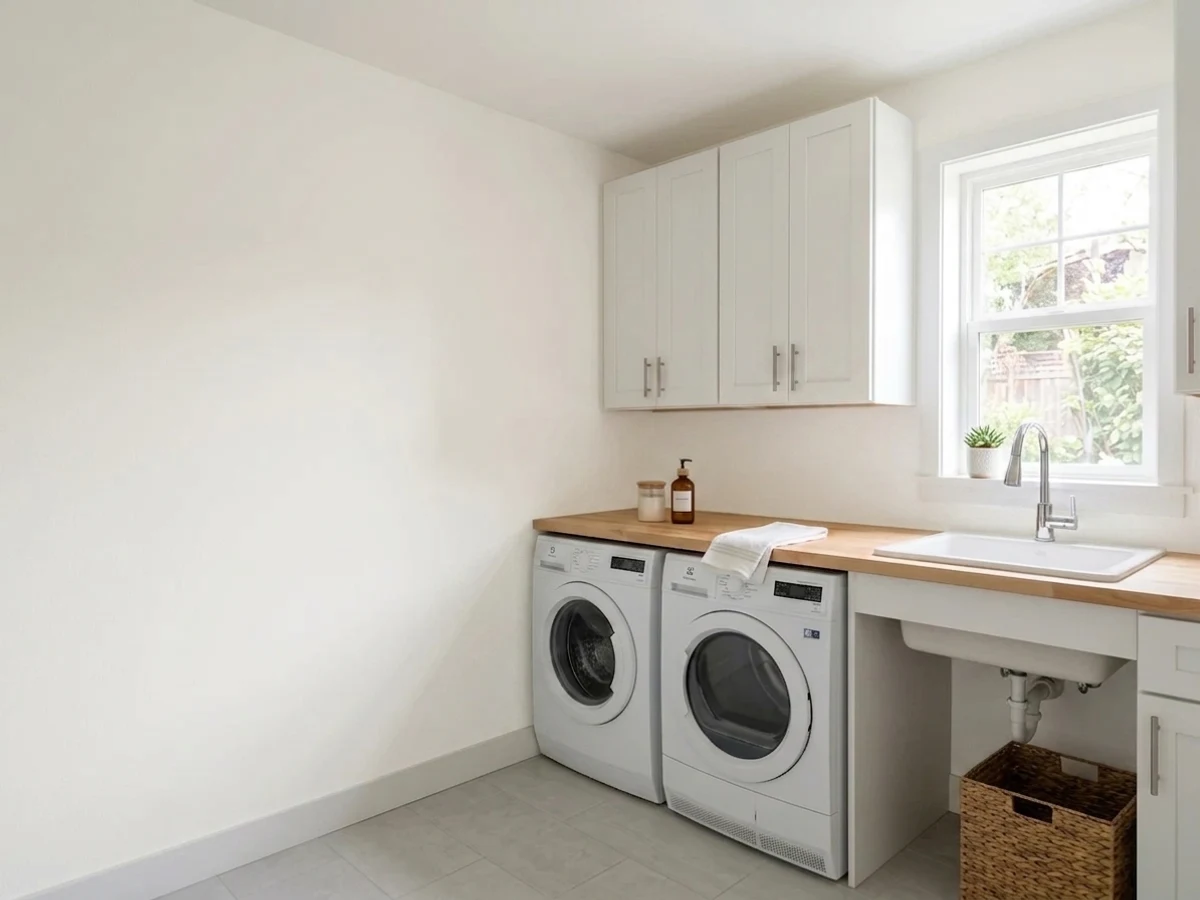 matte finish bright white — trending white laundry room colors 2026