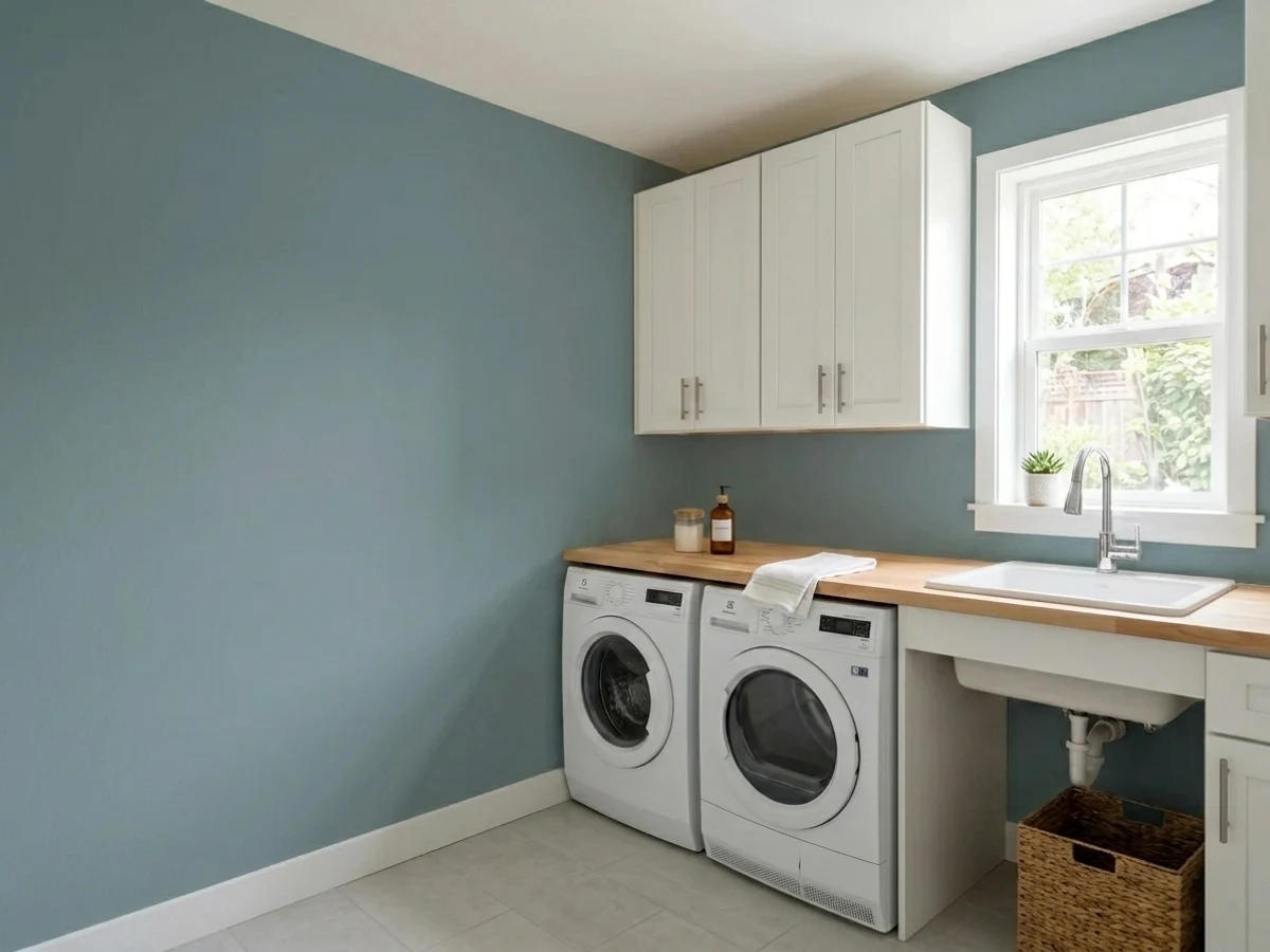 Benjamin Moore Aegean Teal in a laundry room